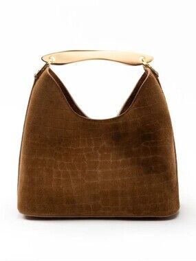 Elleme Small Boomerang Croco Suede Cognac Purse With 18k Gold-Plated Hardware